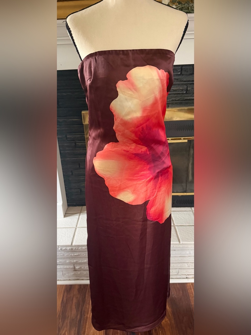 Altar'd State Strapless chocolate brown Maxi with Coral-Pink Floral Accent
